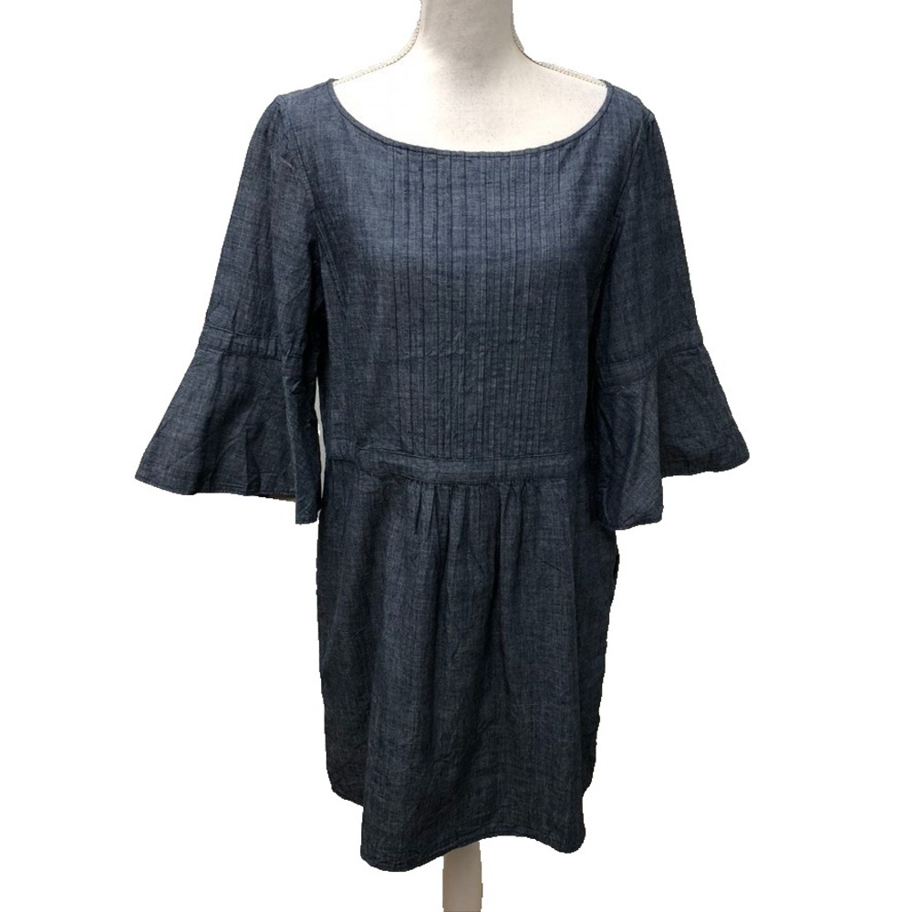Burberry Michelle Bell Sleeve Dress Womens 12 Blue Chambray Pintuck‎ 3/4 Sleeve
